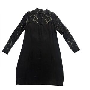 VINTAGE TED LAPIDUS black wool & silk mock neck long sleeve lace mini dress